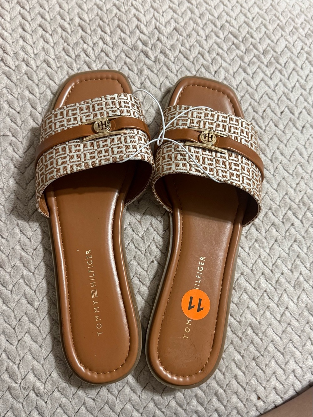 Tommy Hilfiger Brown Logo-Print Slide Sandals